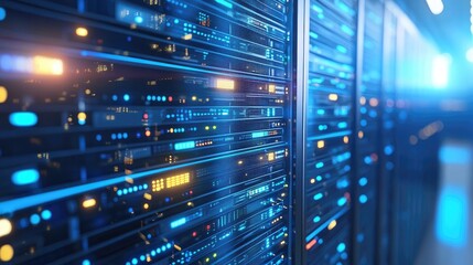Poster - Bright blue futuristic data center with sleek rows of servers and grid ceiling, ideal for cloud storage, computing power, and digital network visuals