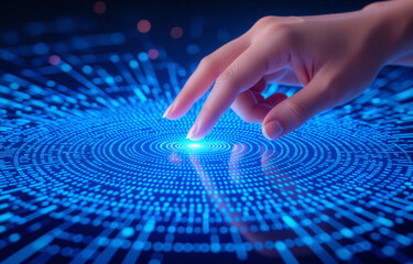 Aufkleber - A hand gently touches a glowing, circular digital interface, radiating blue light and data streams.  The image evokes concepts of technology, innovation, and interaction.
