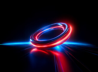 Fototapete - Glowing red and blue neon ring levitates above a dark reflective surface, emitting vibrant light streaks.  A futuristic and energetic scene.
