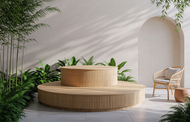 Poster - Serene outdoor scene featuring a two-tiered wooden display platform surrounded by lush greenery and a rattan chair, bathed in sunlight.  The setting evokes calmness and tranquility.