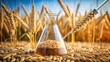 © Kitiphong - Detailed image of bioethanol being slowly poured from a beaker into a laboratory flask, with wheat and barley grains visible in the background , chemical experiment, flask