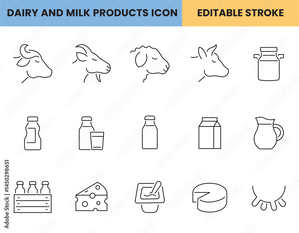 Dairy and milk products icon set, customizable stroke, vector ...