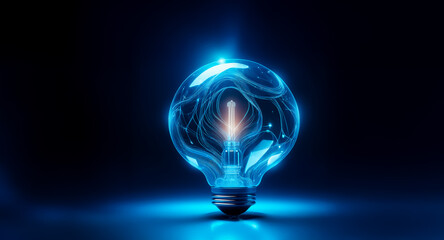 Canvas Print - a glowing blue light bulb, its filament a swirling energy, sits on a reflective surface. the dark ba