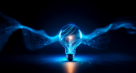 Canvas Print - a glowing lightbulb, emanating blue energy and swirling smoke, symbolizes innovation and bright idea