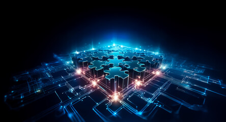 Wall Mural - glowing blue puzzle pieces form a cube on a circuit board, representing technological integration an