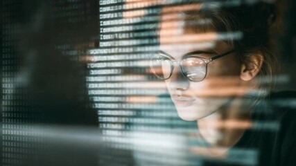 Digital Insight: A woman, bathed in the glow of computer screens, intensely focused on lines of code, representing innovation and tech expertise.