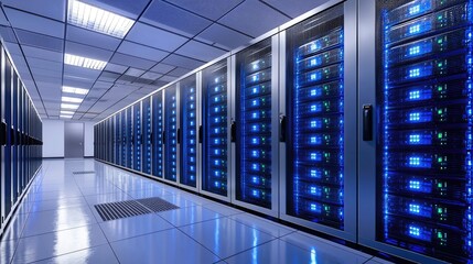 Poster - Long corridor of data center with symmetric rows of glowing server cabinets, great for visuals on cloud hosting, networking, and IT systems