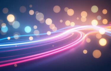 Wall Mural - vibrant light trails flow through a dark background with glowing bokeh circles, creating an abstract