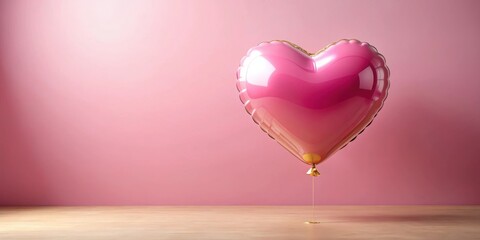 Leinwandbilder - A Shiny Pink Heart-Shaped Balloon Floating Above a Wooden Table Against a Soft Pink Wall