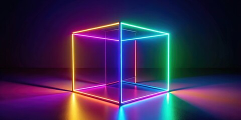 Aufkleber - A  vibrant  cube  formed  by  intersecting  neon  lines  casts  a  playful  glow  on  the  reflective  floor