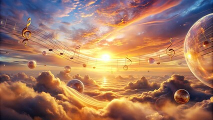 Aufkleber - A celestial symphony of golden notes dances in the clouds, reflecting the radiant light of the setting sun.