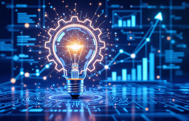 Poster - represents innovative technology and data-driven growth with a glowing lightbulb, gear, and digital 