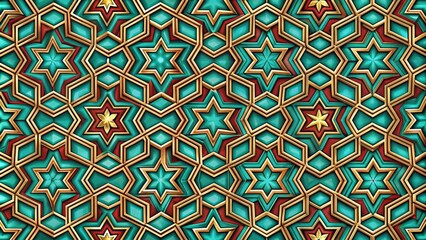 Poster - A repeating geometric pattern with interlocking stars, showcasing a vibrant turquoise and gold color scheme, set against a rich burgundy background.