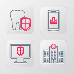 Wall Mural - set line medical hospital building, monitor and shield, smartphone with download and dental protecti