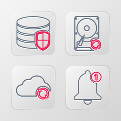 Wall Mural - set line bell, cloud sync refresh, hard disk drive hdd and database protection icon. vector