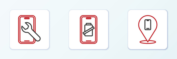 Wall Mural - set line phone repair service, mobile and smartphone battery charge icon. vector