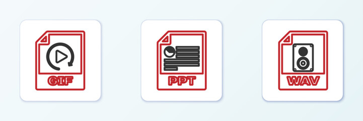 Wall Mural - set line wav file document, gif and ppt icon. vector