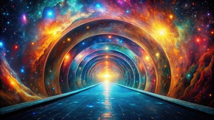Poster - A Cosmic Pathway Through Rings of Stars and Nebulae, Leading to a Bright Unknown Destination