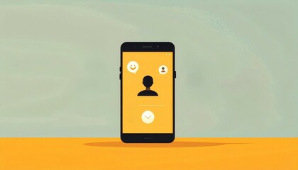 Influencer marketing partnership concept. Mobile phone displaying user interface and profile elements on a yellow background.