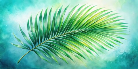 Fototapete - A single palm frond against a watercolor background, showcasing vibrant green hues and delicate textures.