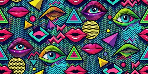 Leinwandbilder - Abstract Psychedelic Pattern Featuring Eyes, Lips, and Geometric Shapes on a Vibrant Zigzag Background