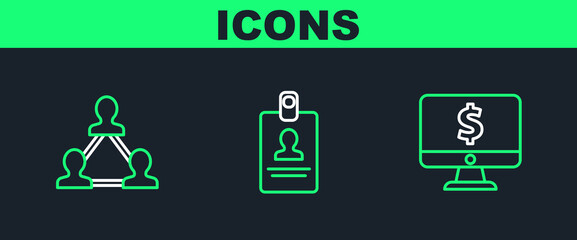 Set line Computer monitor with dollar symbol, Project team base and Identification badge icon. Vector