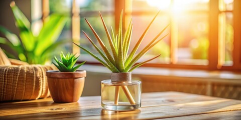 Aufkleber - A succulent plant in a glass jar with wooden sticks for decoration on a wooden table with a window and sunlight in the background