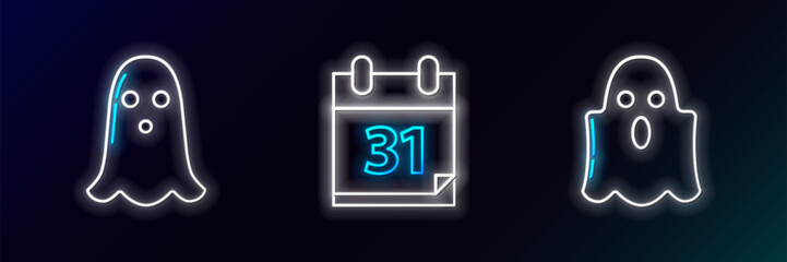 Wall Mural - Set line Ghost, and Calendar with Halloween date 31 october icon. Glowing neon. Vector