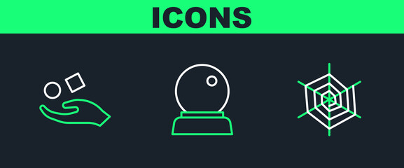 Wall Mural - Set line Spider web, Cube levitating above hand and Magic ball icon. Vector