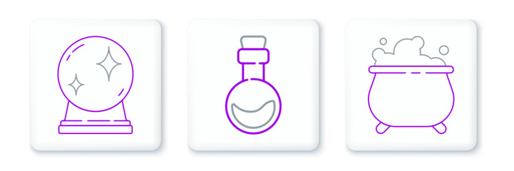 Wall Mural - Set line Witch cauldron, Magic ball and Bottle with love potion icon. Vector