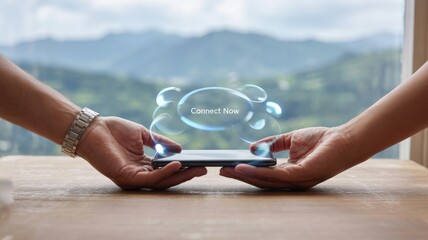Two hands holding a phone with a digital connection message.