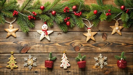 Poster - A festive arrangement of Christmas ornaments, including a snowman, star, and tree shapes, with red berries and evergreen branches on a rustic wood background.