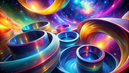 Aufkleber - Metallic rings arranged in a swirling formation against a backdrop of a colorful nebula, creating an illusion of depth and cosmic wonder.