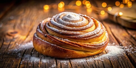 Aufkleber - A Golden Brown Pastry with a Delicate Powdered Sugar Coating Rests on a Rustic Wooden Surface, Bathed in the Warm Glow of Festive Lights