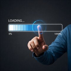 person interacting with a futuristic loading progress bar interface, depicting data processing or so