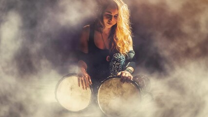 Poster - beautiful young girl playing on djembe. Loop Animation.