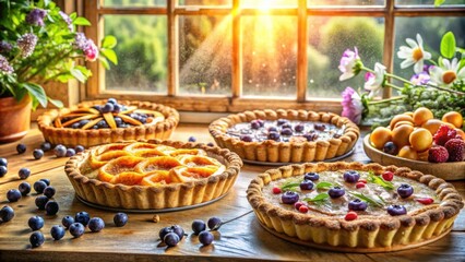 Poster - Four freshly baked fruit tarts with a variety of fillings and toppings arranged on a rustic wooden table in front of a window with sunlight streaming in.