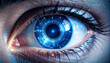 © theshooter - Close up de un ojo humano con circuitos de color azul en la pupila para una vision tecnologica y de futuro