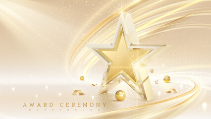Wall Mural - Realistic 3D transparent stars and golden frame with ribbon and ball with bokeh effect decoration, luxury award ceremony stage background vector illustration design in cream color.