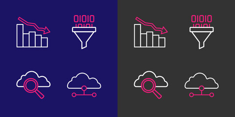 Set line Network cloud connection, Search computing, Binary code and Financial growth decrease icon. Vector