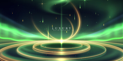 Wall Mural - green glowing northern lights scene on night sky decorated with golden light effects and stars. luxu