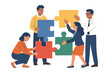 © icon_art - Group of diverse people collaborating and assembling colorful puzzle pieces to solve a problem