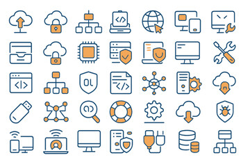 flat vector illustration of various technology and network icons in a grid layout representing digit