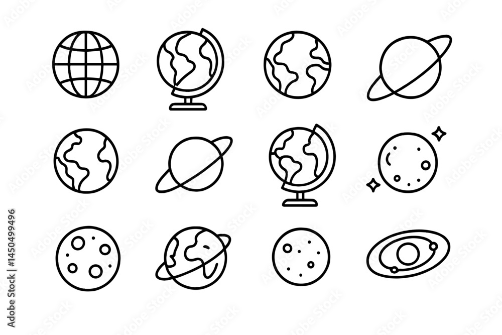Flat vector illustration of various planets and globes in a ...