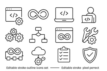 Flat vector illustration of coding and development icons featuring gears, tools, and a laptop setup for programmers