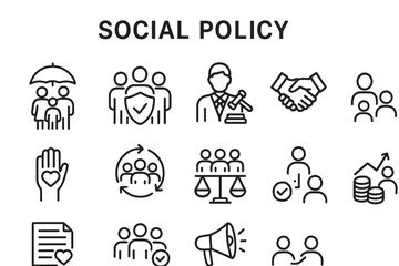 concepts of social policy illustrated through simple vector graphics showcasing community support an
