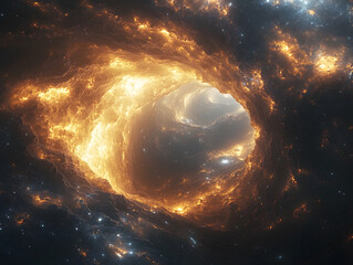 celestial gateway: an ethereal portal opens in the cosmos, its fiery edges contrasting with the dark