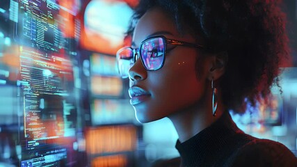 Focused woman interacting with holographic data