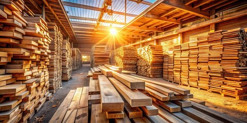 Aufkleber - A warehouse full of stacked wooden planks, bathed in the warm golden light of the setting sun, creating a beautiful and inviting atmosphere.