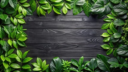 Aufkleber - A frame of vibrant green leaves bordering a dark woodgrain background, showcasing the natural beauty of foliage and the textured appeal of wood.